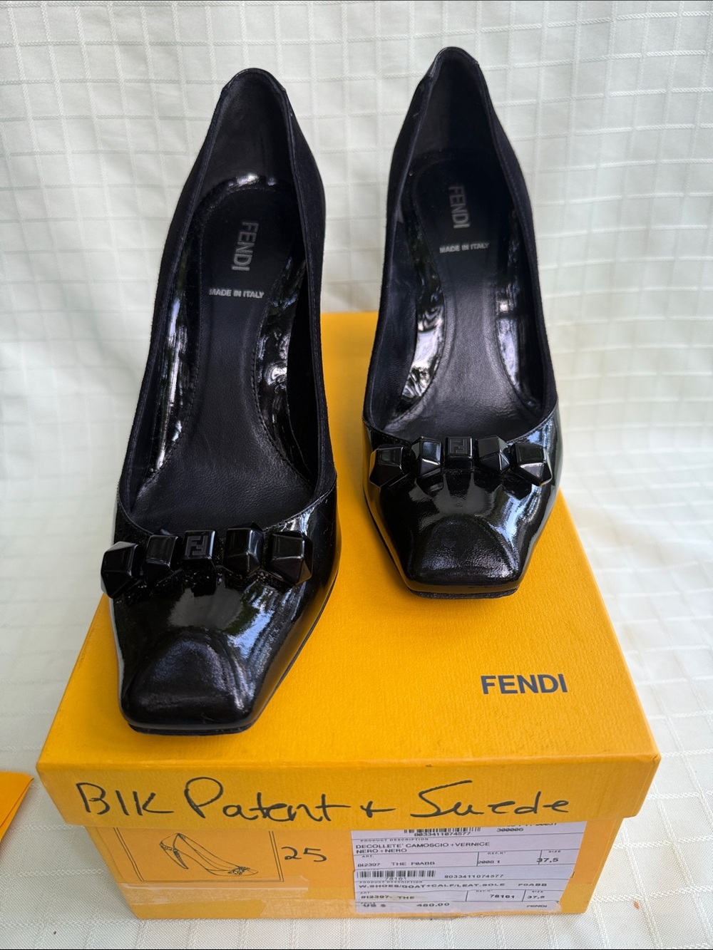 Vintage Fendi Black Patent & Suede Mid-Heel Pumps in Original Box